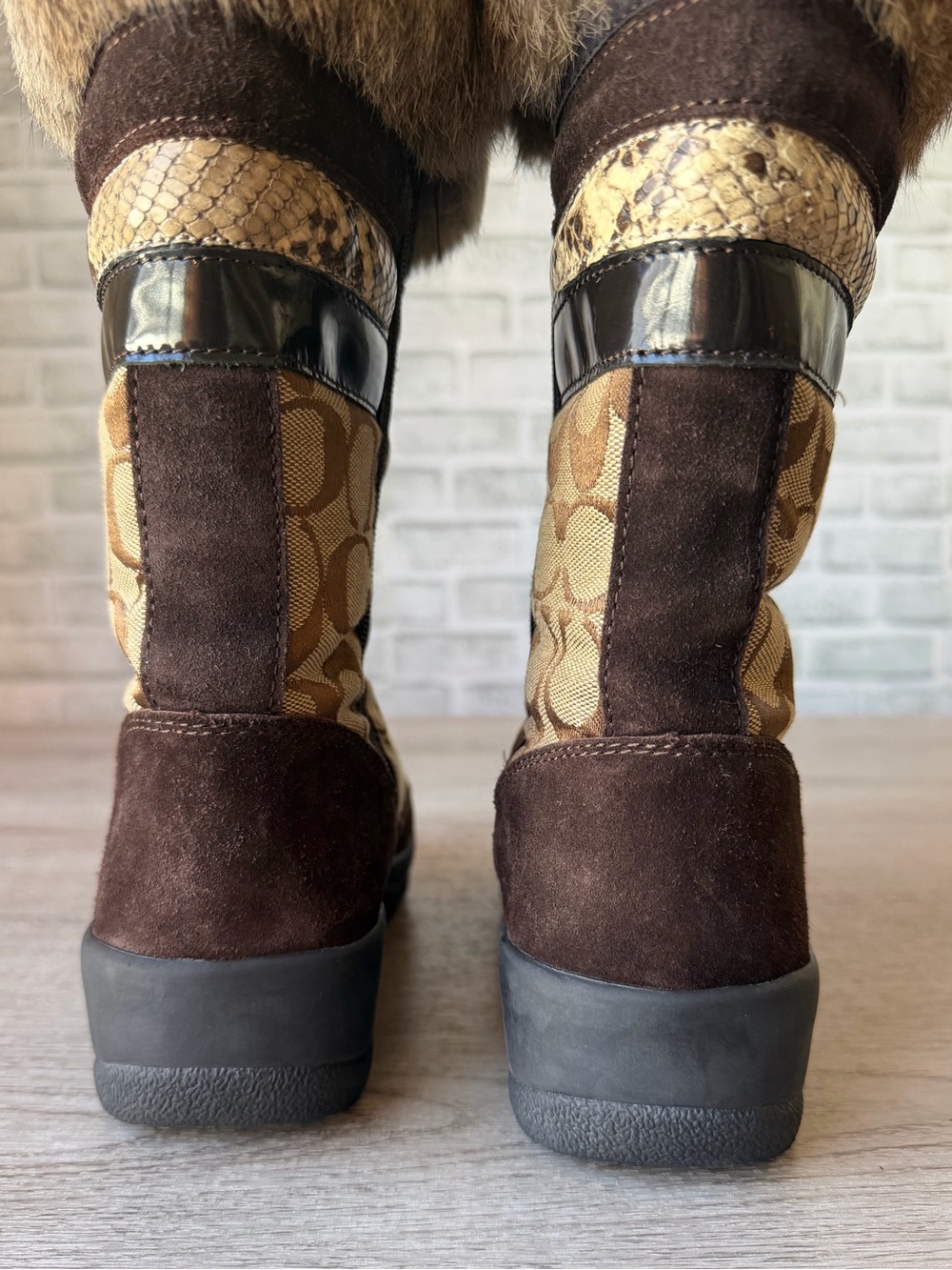 Coach Lorna Rabbit Fur Lined Winter Boots Signature Brown Size 7M - Picture 11 of 17